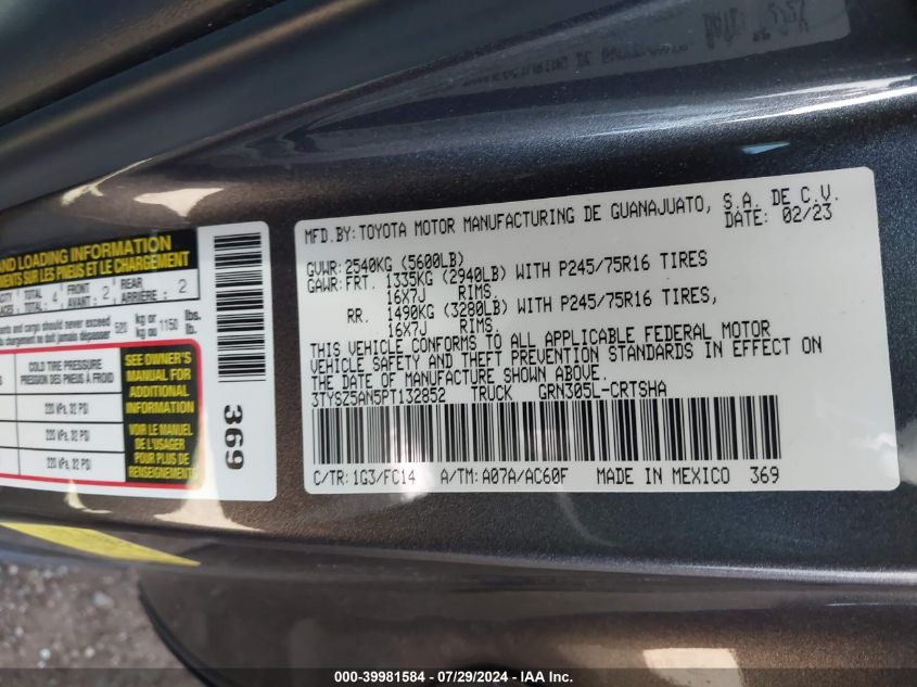 2023 Toyota Tacoma Access Cab/Sr/Sr5/Trd Spo VIN: 3TYSZ5AN5PT132852 Lot: 39981584