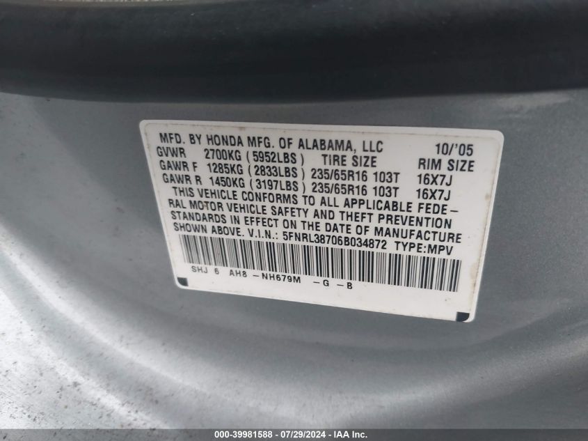 2006 Honda Odyssey Ex-L VIN: 5FNRL38706B034872 Lot: 39981588