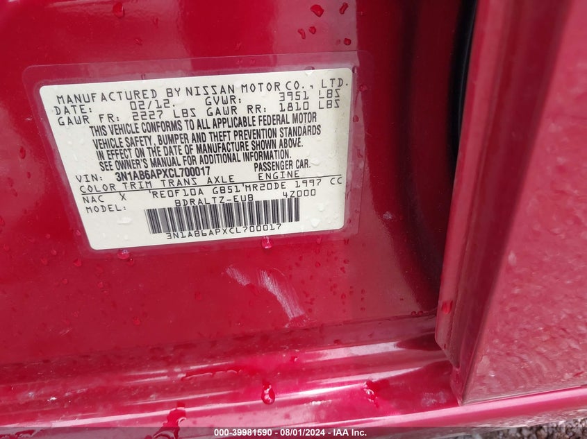 2012 Nissan Sentra 2.0 S VIN: 3N1AB6APXCL700017 Lot: 39981590