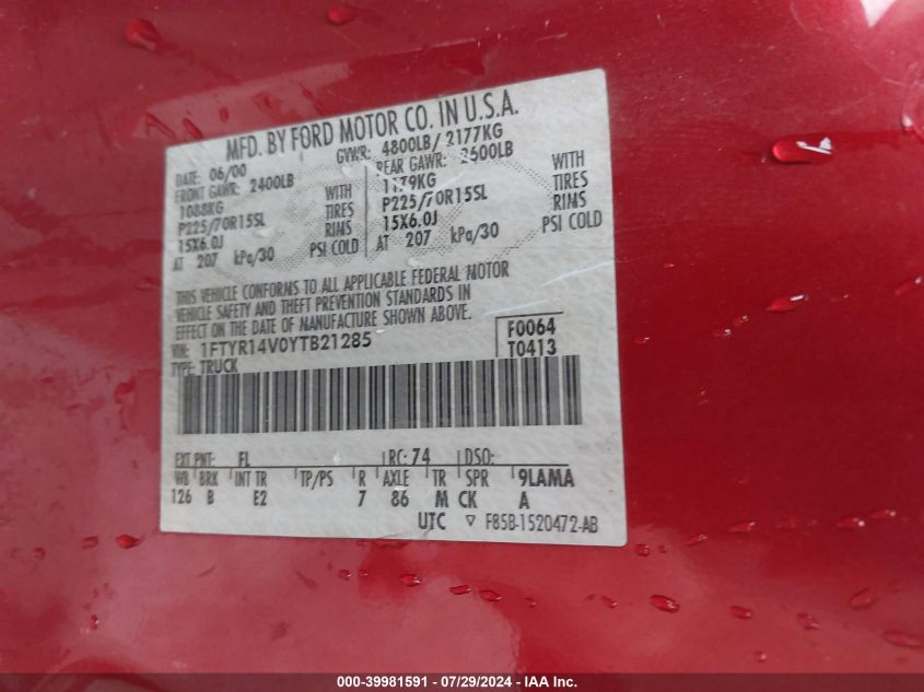 2000 Ford Ranger Xl/Xlt VIN: 1FTYR14V0YTB21285 Lot: 39981591