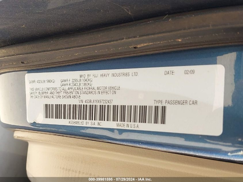 2009 Subaru Legacy 2.5I VIN: 4S3BL616X97232437 Lot: 39981595