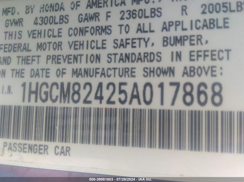 2005 Honda Accord 3.0 Lx Special Edition VIN: 1HGCM82425A017868 Lot: 39981603