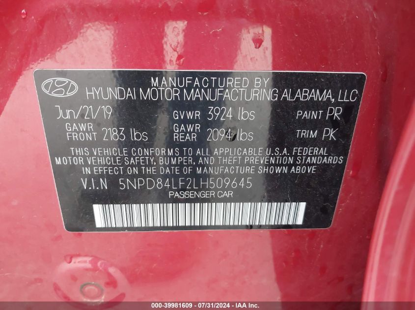 2020 Hyundai Elantra Sel VIN: 5NPD84LF2LH509645 Lot: 39981609