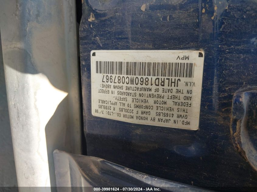 1998 Honda Cr-V Ex VIN: JHLRD1860WC087967 Lot: 39981624