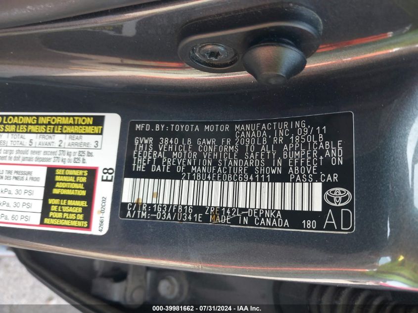 2011 Toyota Corolla Le VIN: 2T1BU4EE0BC694111 Lot: 39981662