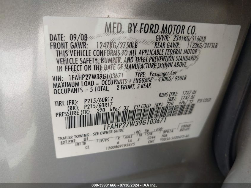 2009 Ford Taurus Sel VIN: 1FAHP27W39G103671 Lot: 39981666