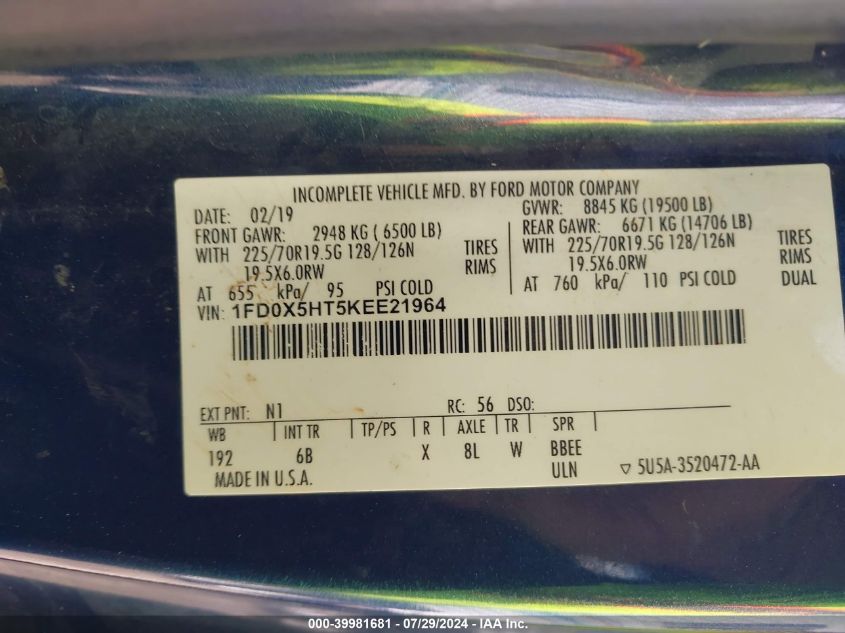 2019 Ford F550 Super Duty VIN: 1FD0X5HT5KEE21964 Lot: 39981681