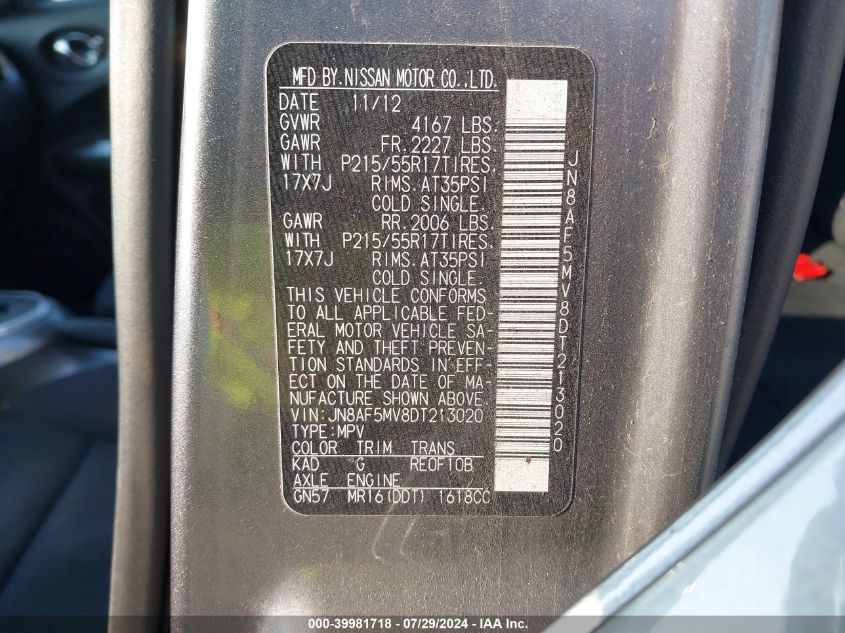 2013 Nissan Juke Sv VIN: JN8AF5MV8DT213020 Lot: 39981718