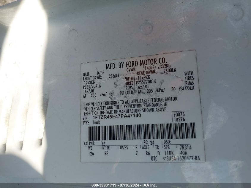 2007 Ford Ranger Super Cab VIN: 1FTZR45E47PA47140 Lot: 39981719