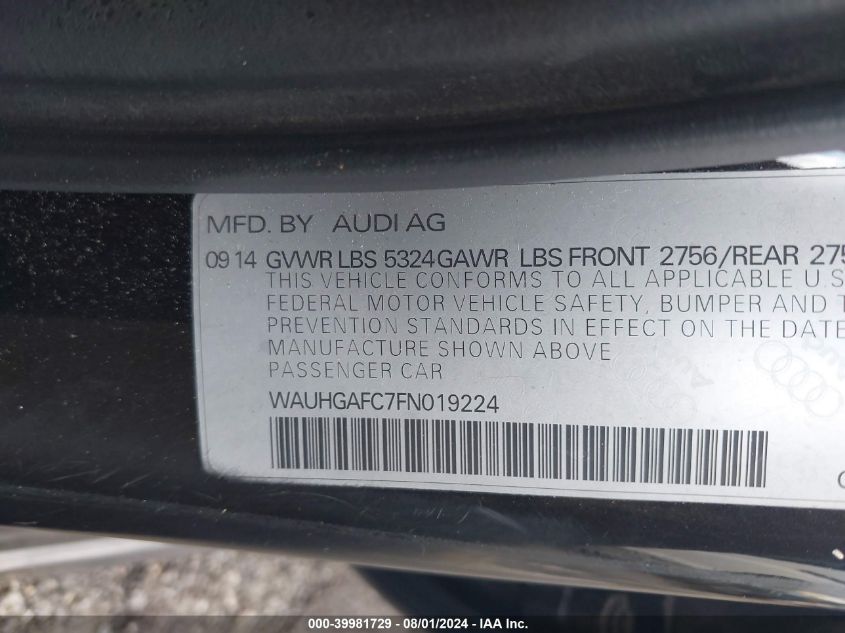 2015 Audi A6 3.0T Premium Plus VIN: WAUHGAFC7FN019224 Lot: 39981729