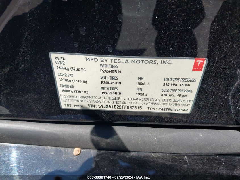 2015 Tesla Model S 70D/85D/P85D VIN: 5YJSA1S22FF087615 Lot: 39981740