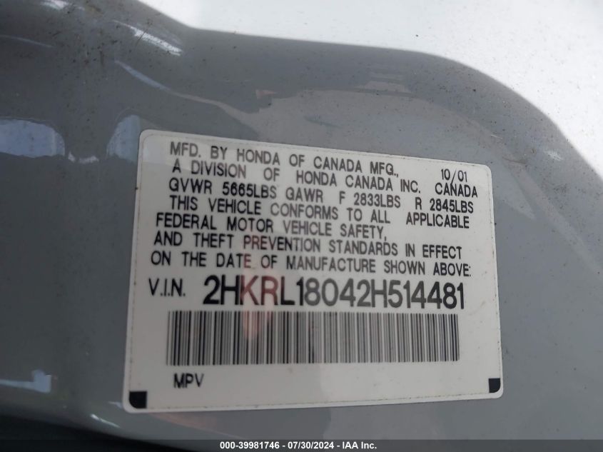 2002 Honda Odyssey Ex-L VIN: 2HKRL18042H514481 Lot: 39981746