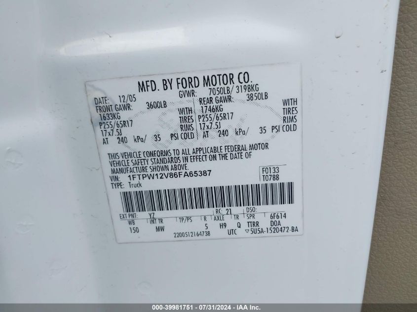 2006 Ford F-150 Lariat/Xlt VIN: 1FTPW12V86FA65387 Lot: 39981751