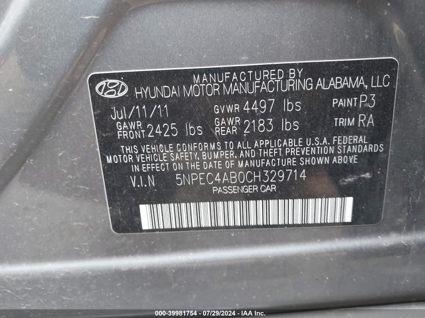 2012 Hyundai Sonata Limited 2.0T/Se 2.0T VIN: 5NPEC4AB0CH329714 Lot: 39981754