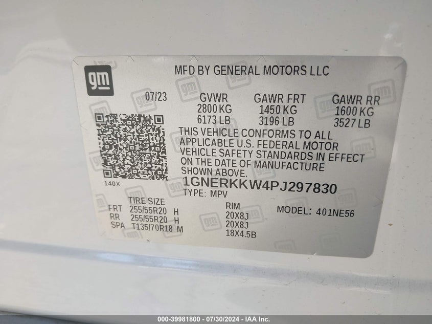 2023 Chevrolet Traverse Fwd Premier VIN: 1GNERKKW4PJ297830 Lot: 39981800