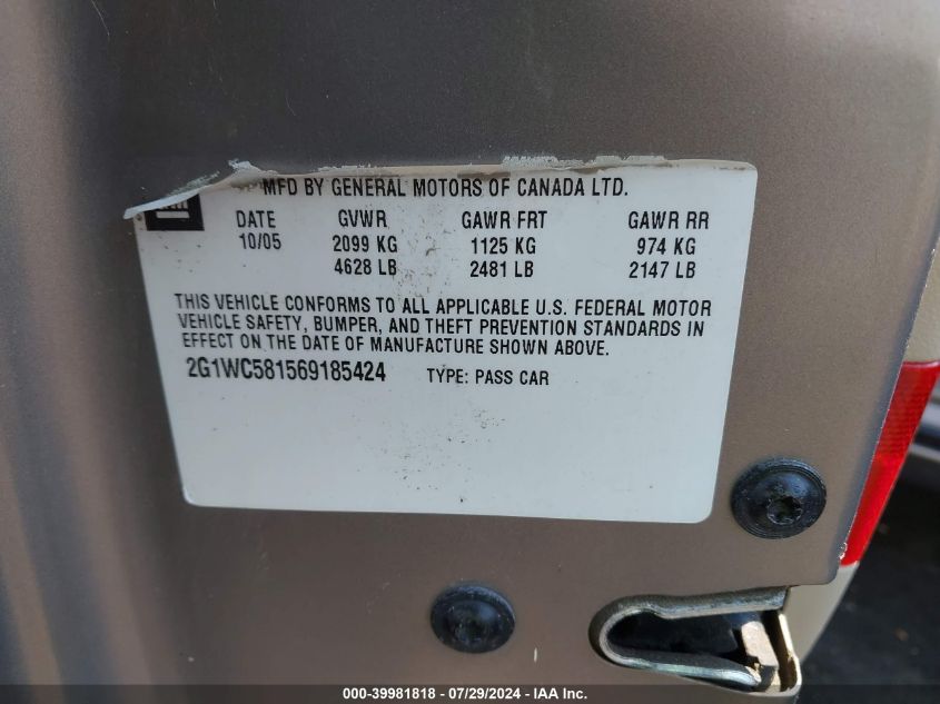 2006 Chevrolet Impala Lt VIN: 2G1WC581569185424 Lot: 39981818