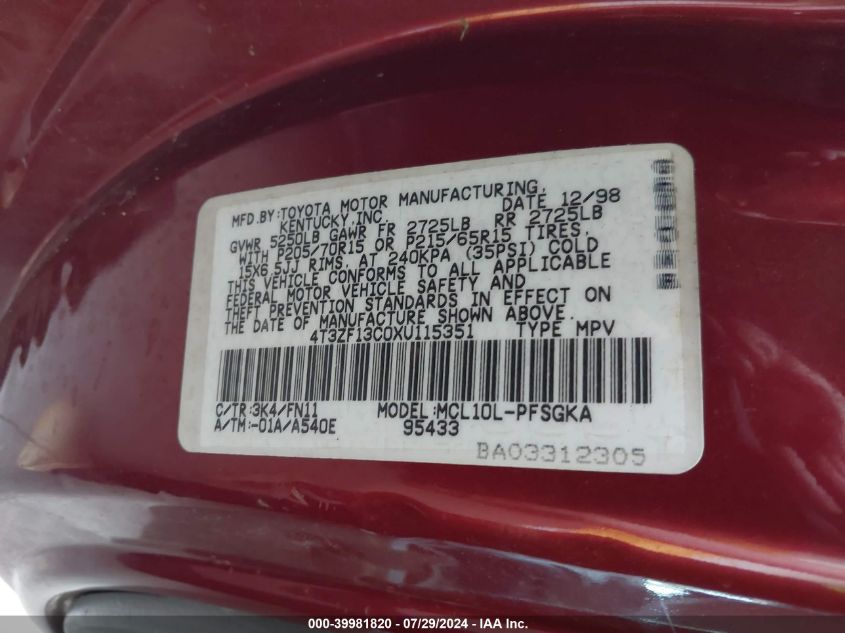 1999 Toyota Sienna Le/Xle VIN: 4T3ZF13C0XU115351 Lot: 39981820