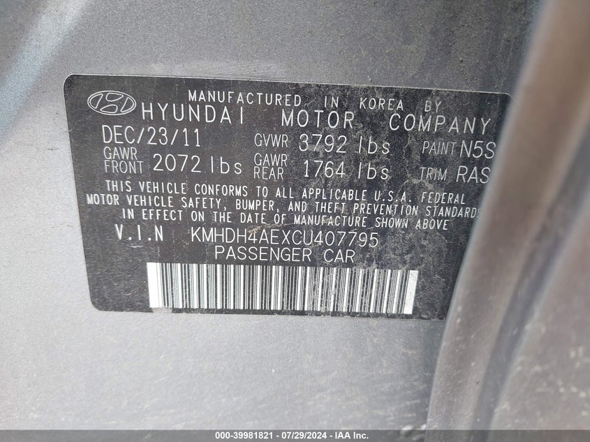 2012 Hyundai Elantra Limited (Ulsan Plant) VIN: KMHDH4AEXCU407795 Lot: 39981821