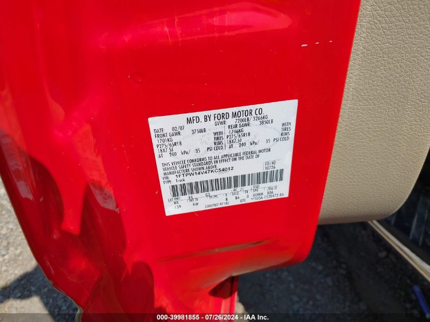 2007 Ford F-150 Fx4/Lariat/Xlt VIN: 1FTPW14V47KC54012 Lot: 39981855