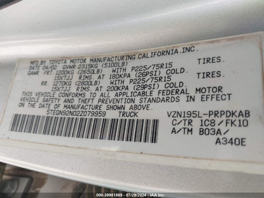2002 Toyota Tacoma Double Cab Prerunner VIN: 5TEGN92N02Z079959 Lot: 39981869