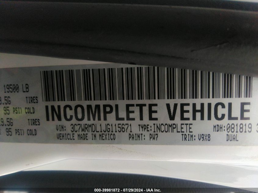 2018 Ram 5500 Chassis Tradesman/Slt VIN: 3C7WRMDL1JG115671 Lot: 39981872