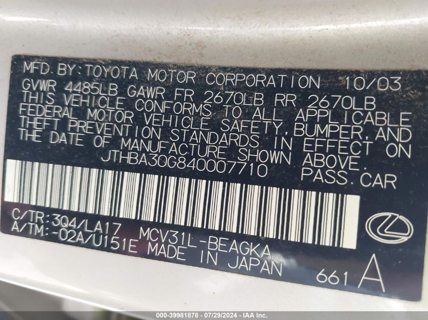 2004 Lexus Es 330 VIN: JTHBA30G840007710 Lot: 39981878