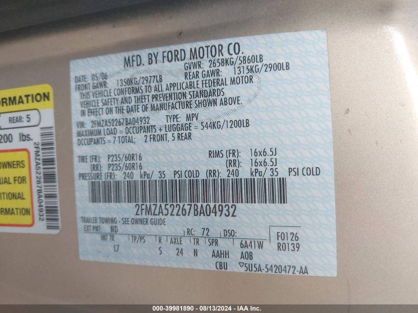 2007 Ford Freestar Sel VIN: 2FMZA52267BA04932 Lot: 39981890