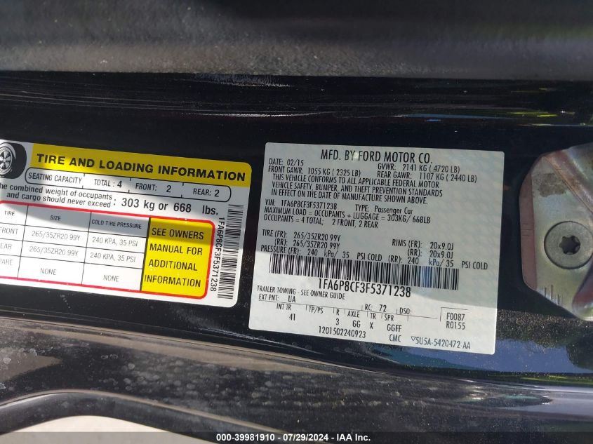 2015 Ford Mustang Gt Premium VIN: 1FA6P8CF3F5371238 Lot: 39981910