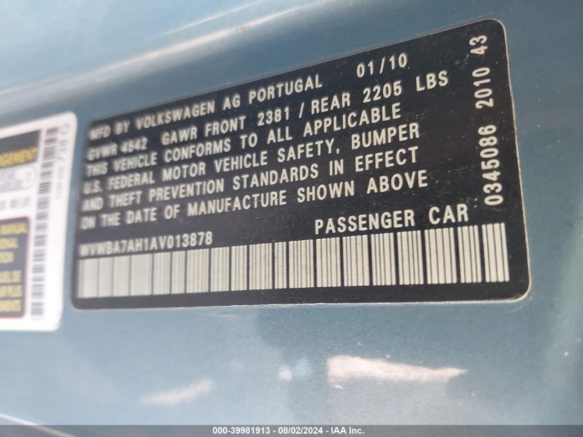 2010 Volkswagen Eos Komfort VIN: WVWBA7AH1AV013878 Lot: 39981913