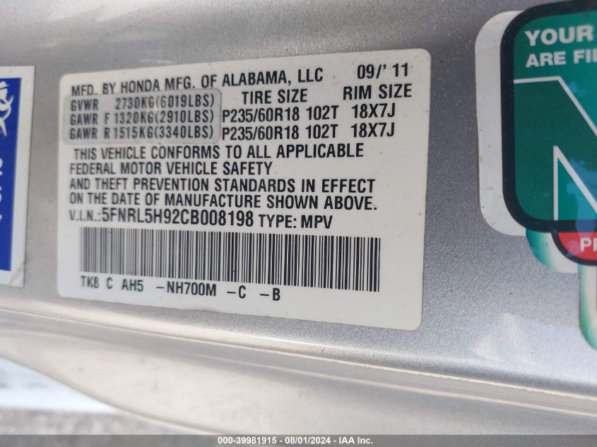 2012 Honda Odyssey Touring/Touring Elite VIN: 5FNRL5H92CB008198 Lot: 39981915