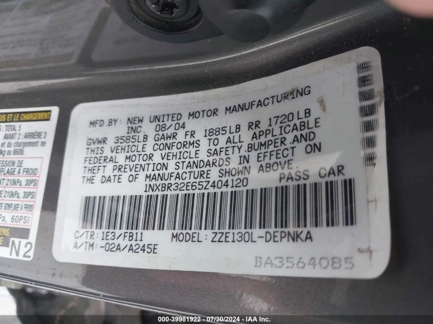 2005 Toyota Corolla Le VIN: 1NXBR32E65Z404120 Lot: 39981922