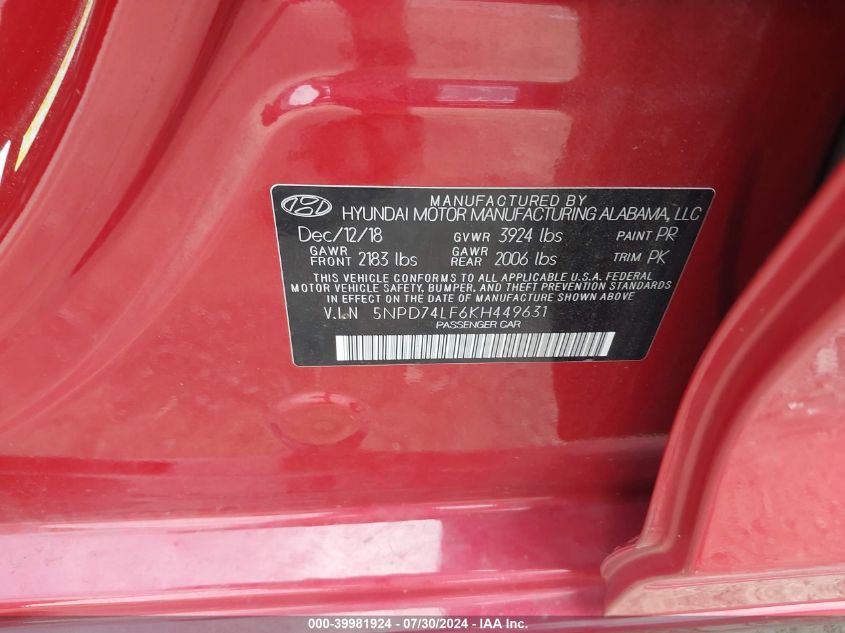 2019 Hyundai Elantra Se VIN: 5NPD74LF6KH449631 Lot: 39981924