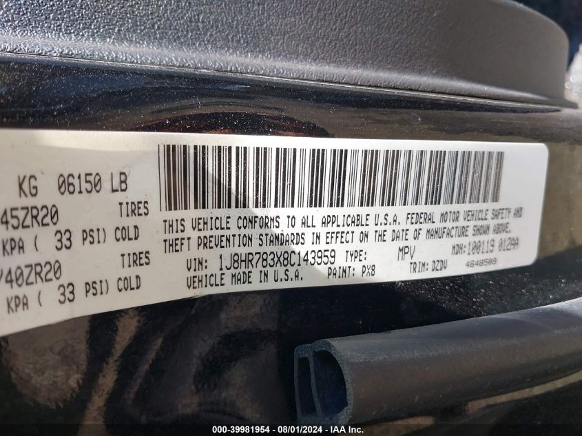 2008 Jeep Grand Cherokee Srt8 VIN: 1J8HR783X8C143959 Lot: 39981954