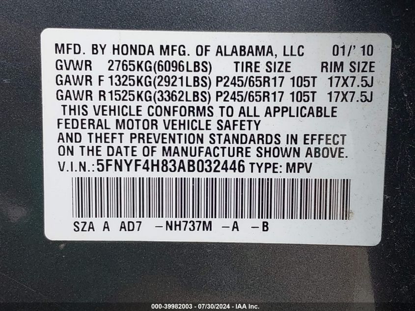 2010 Honda Pilot Touring VIN: 5FNYF4H83AB032446 Lot: 39982003