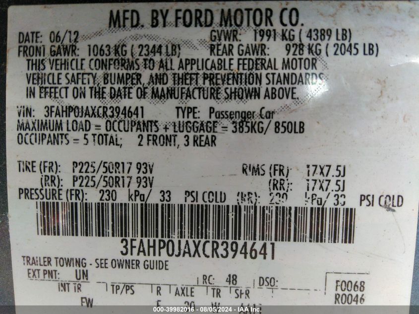 2012 Ford Fusion Sel VIN: 3FAHP0JAXCR394641 Lot: 39982016