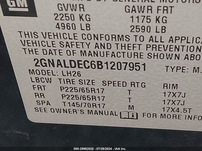 2011 Chevrolet Equinox 1Lt VIN: 2GNALDEC6B1207951 Lot: 39982020