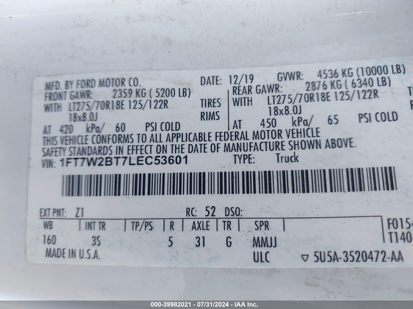2020 Ford F-250 Xlt VIN: 1FT7W2BT7LEC53601 Lot: 39982021