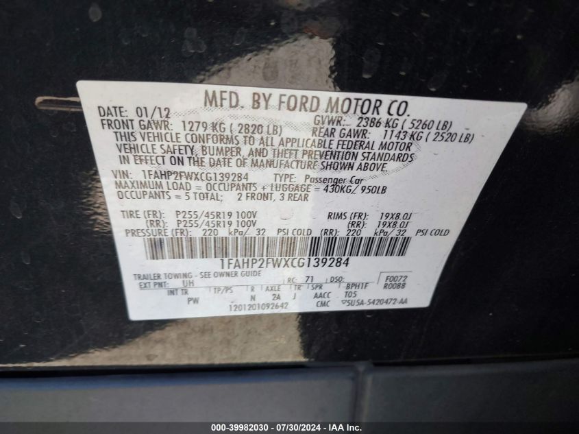 2012 Ford Taurus Limited VIN: 1FAHP2FWXCG139284 Lot: 39982030