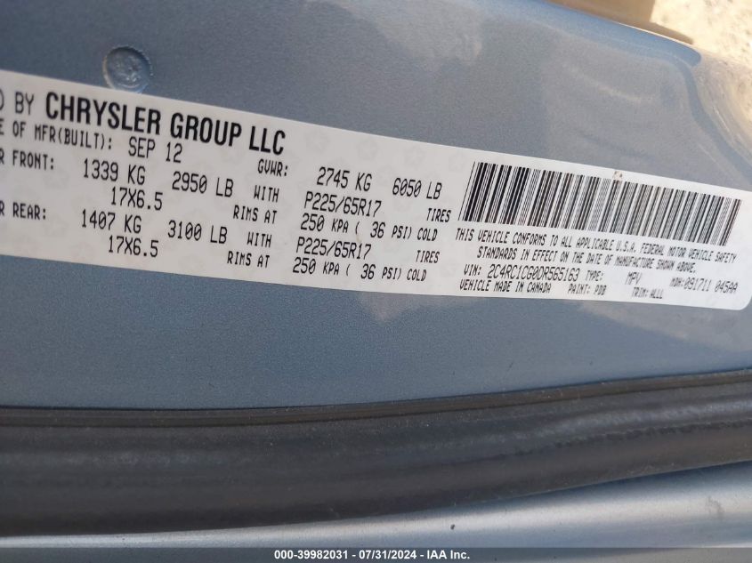 2013 Chrysler Town & Country Touring-L VIN: 2C4RC1CG0DR565163 Lot: 39982031