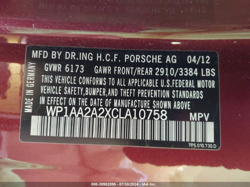 2012 Porsche Cayenne VIN: WP1AA2A2XCLA10758 Lot: 39982095