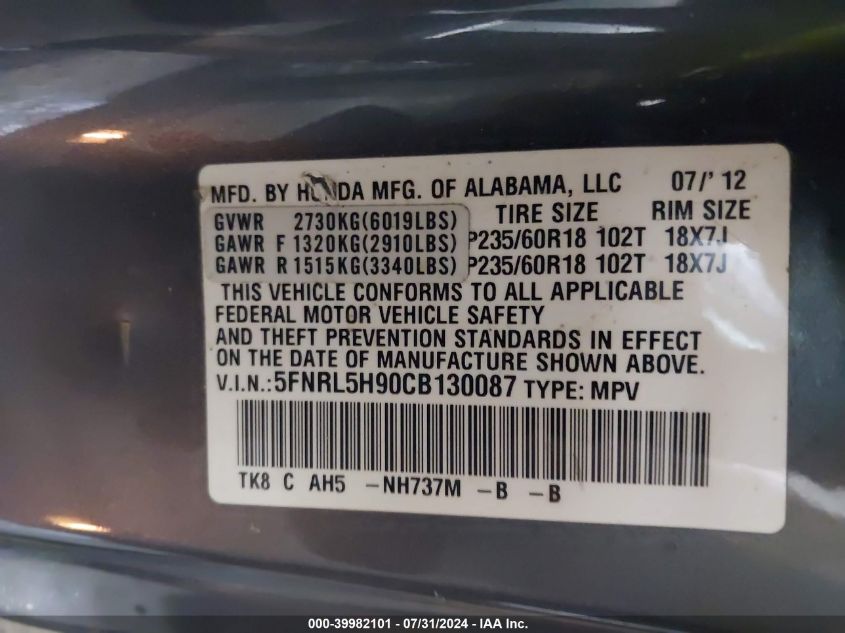 2012 Honda Odyssey Touring/Touring Elite VIN: 5FNRL5H90CB130087 Lot: 39982101