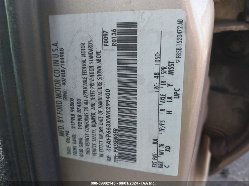 1998 Ford Contour Lx VIN: 1FAFP663XWK299400 Lot: 39982145