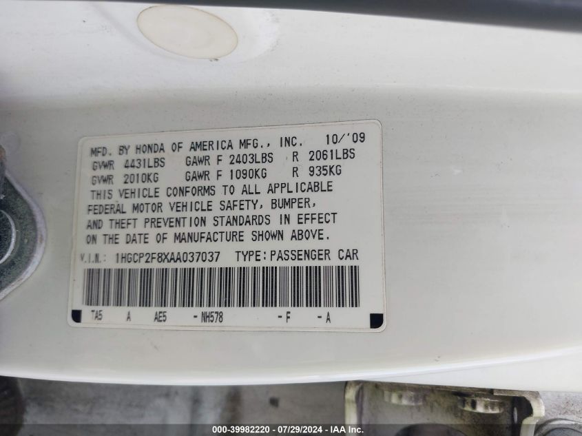 2010 Honda Accord Sdn 2.4 Ex-L/Ex-L VIN: 1HGCP2F8XAA037037 Lot: 39982220