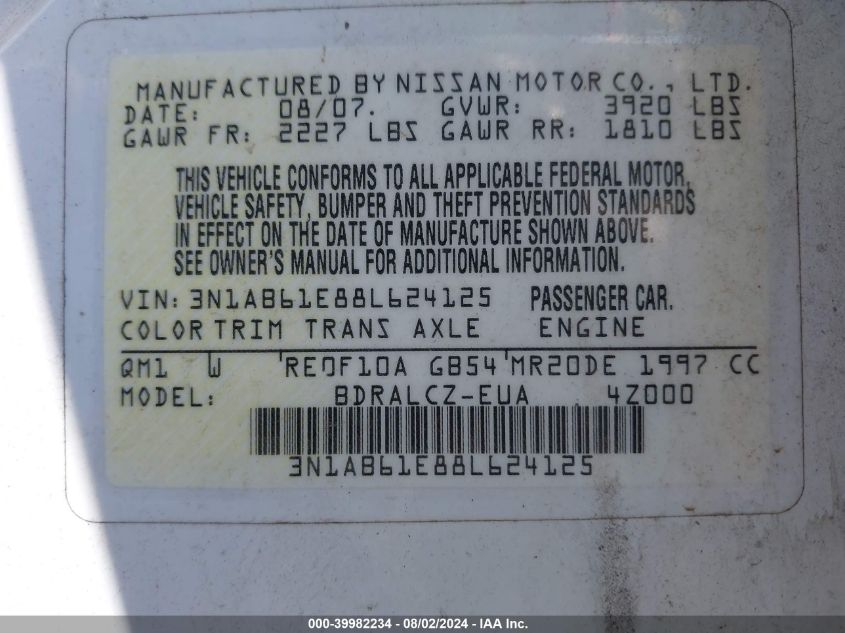 2008 Nissan Sentra 2.0 VIN: 3N1AB61E88L624125 Lot: 39982234