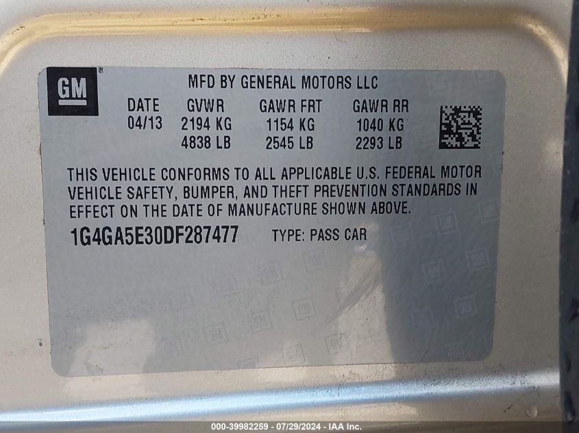 2013 Buick Lacrosse VIN: 1G4GA5E30DF287477 Lot: 39982259