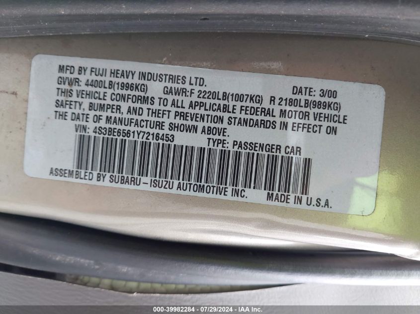 2000 Subaru Legacy Gt Limited VIN: 4S3BE6561Y7216453 Lot: 39982284