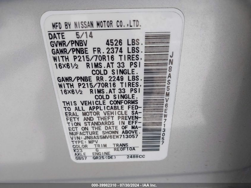 2014 Nissan Rogue Select S VIN: JN8AS5MV6EW713057 Lot: 39982310