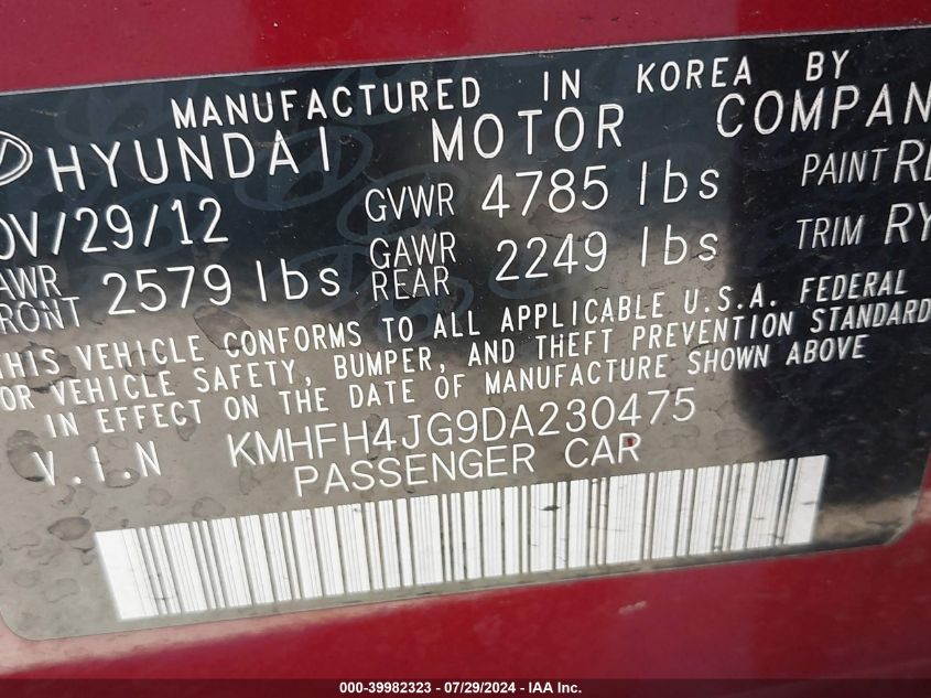 KMHFH4JG9DA230475 2013 Hyundai Azera