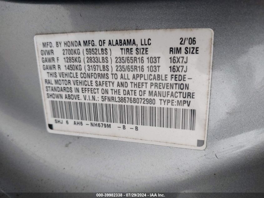 2006 Honda Odyssey Ex-L VIN: 5FNRL38676B072980 Lot: 39982338