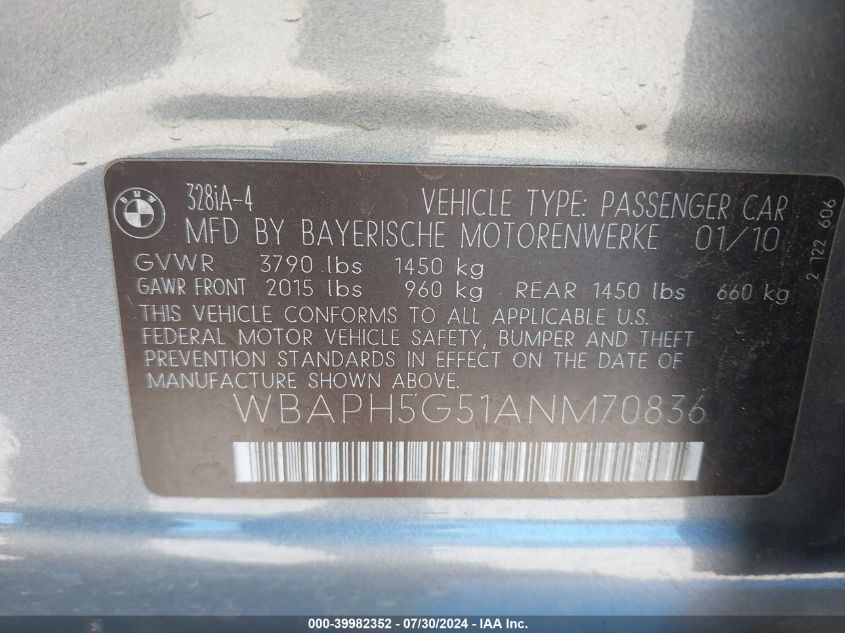 2010 BMW 328I VIN: WBAPH5G51ANM70836 Lot: 39982352